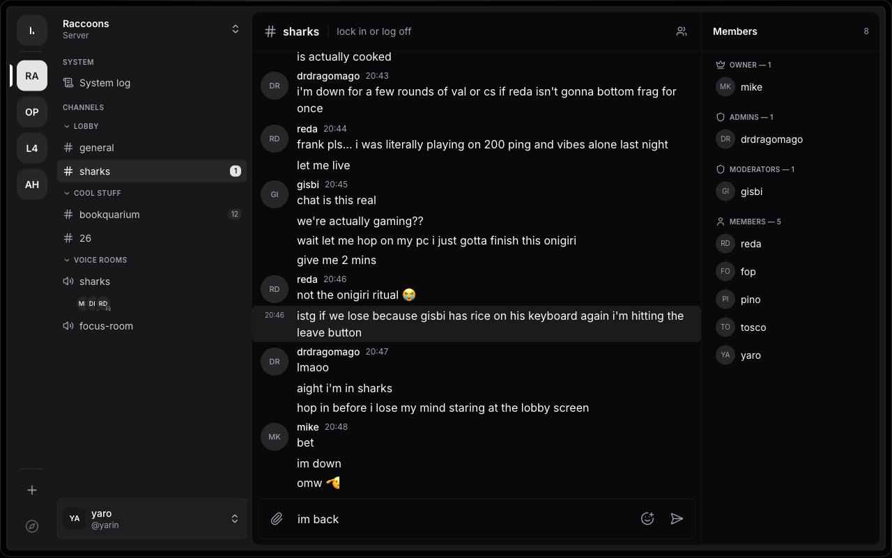 Hush encrypted team chat interface with server list, channel list, and private conversation